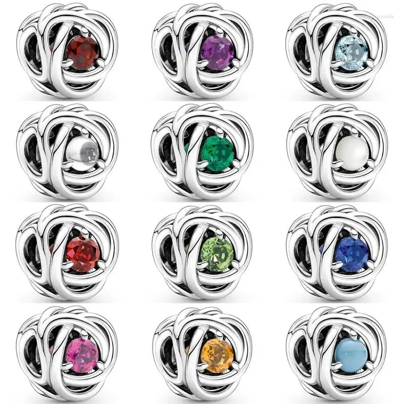 Lösa ädelstenar OpenWork Multicolor Month Signature Birthstone Eternity Circle Pärlor 925 Sterling Silver Charm Fit Fashion Armband DIY