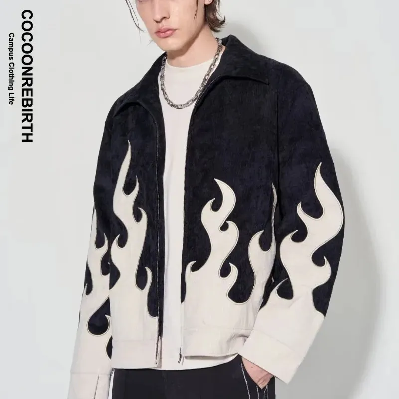 Män blandar Flame Brodery Corduroy Jacket Män japanska Loose Baseball Varsity Jacket Casual Zipper Autumn Patchwork Bomber Outwear 231123