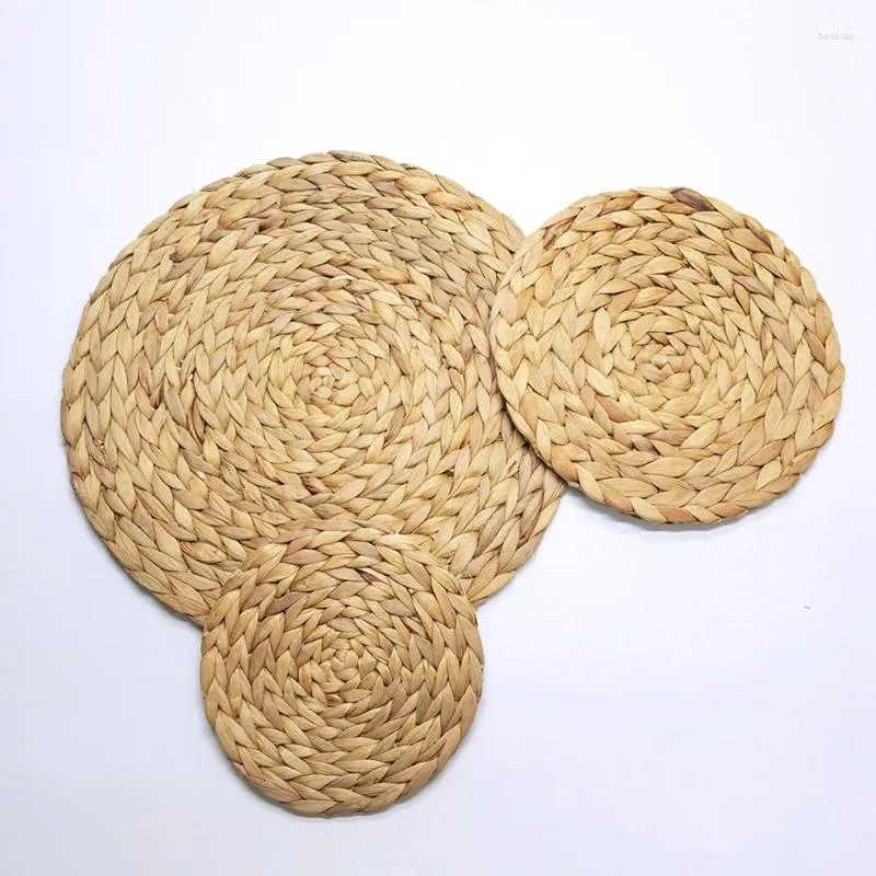 Table Mats Handmade Braided Rattan Tablemats Cup Dish Plate Bowls Pads 30cm 33cmRound Natural Gourd Grass Weave Placemat