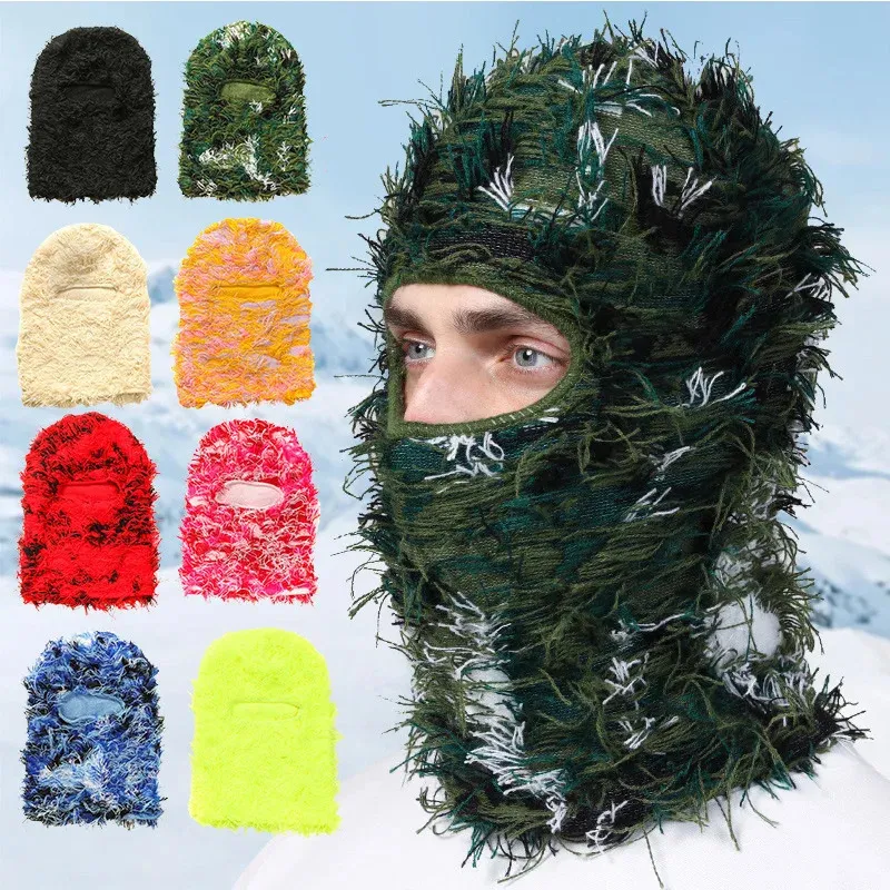 Cycling Caps Masks Y2K Balaclava Distressed Knitted Full Face Ski Mask Women Outdoor Camouflage Fleece Fuzzy Beanies Men Hat 231123