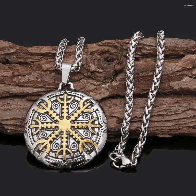 Hänghalsband viking kompass halsband rostfritt stål dubbelsidig rune bokstav amulett tillbehörsmycken