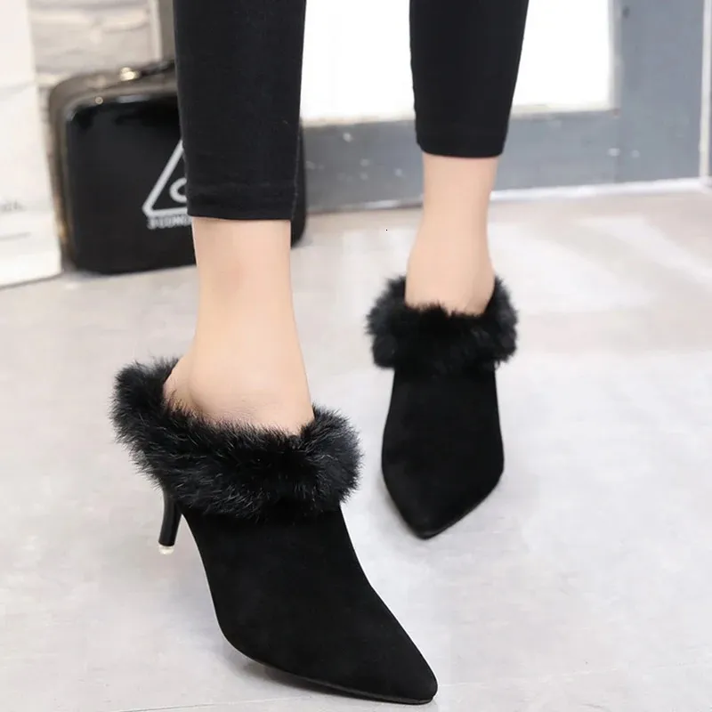 Slippers Quality Plush slippers women sexy high heels rabbit hair mules slides winter pointed toe stilettos all-match black/brown loafers 231123