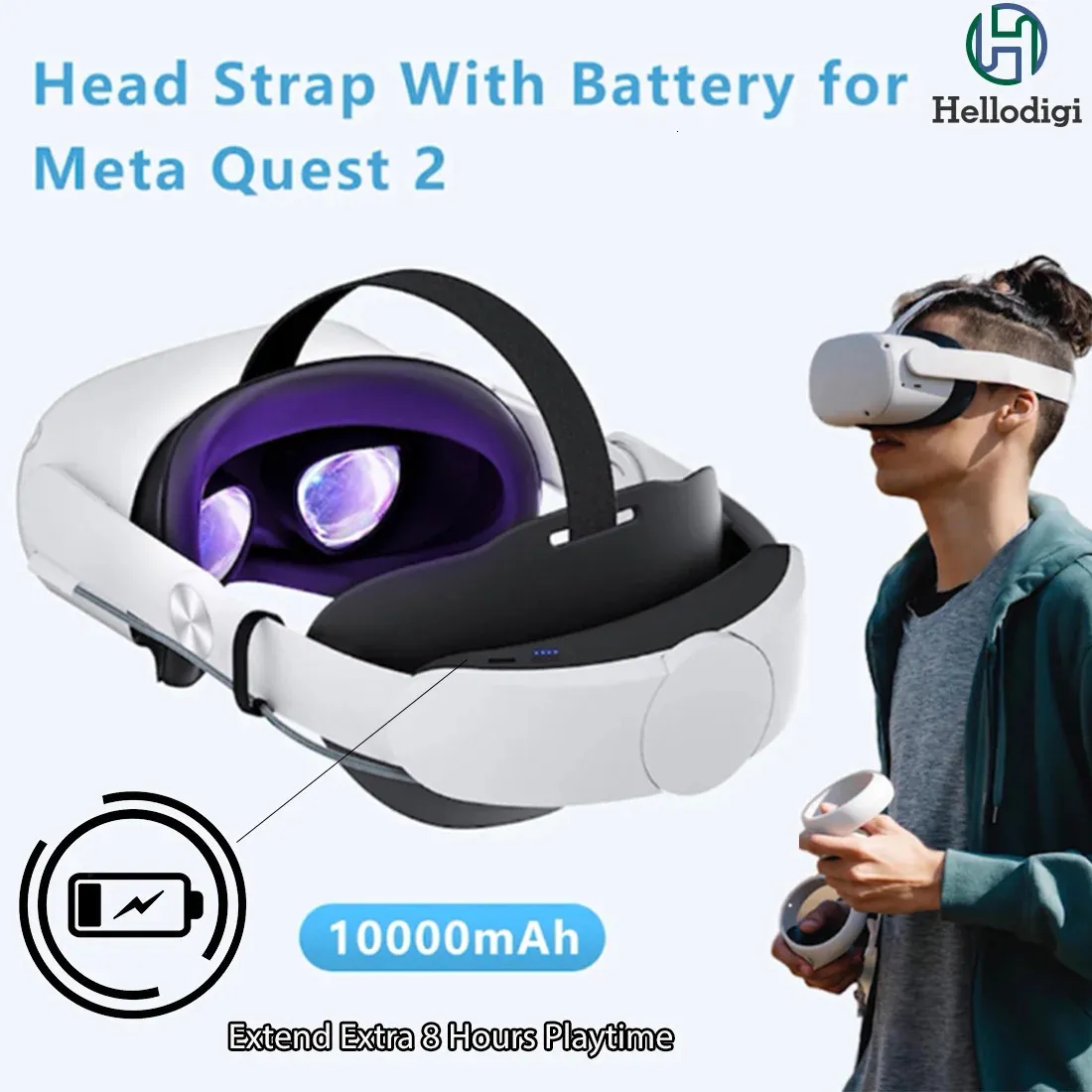 Устройства VRAR Hellodigi VR Ремешок на голову, совместимый с Meta Quest 2Oculus 2, аксессуары для регулируемых на 360° очков с аккумулятором 10000 мАч 231123
