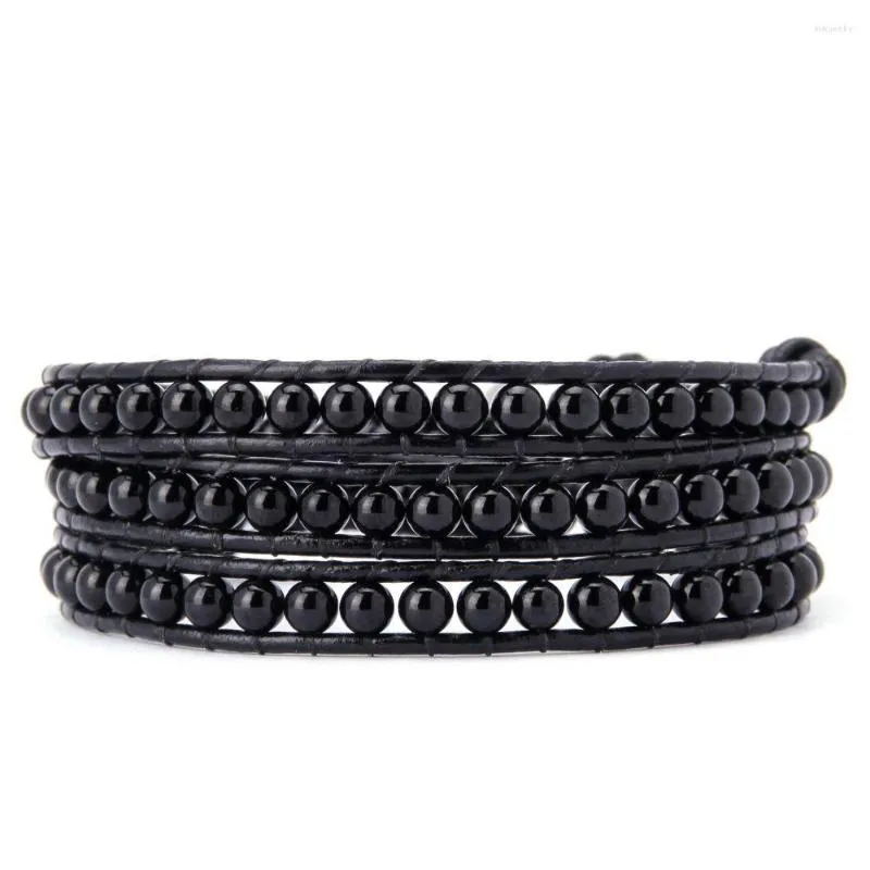 Link Bracelets Men Wrap Bracelet Leather Black Agate Spiritual Couples Jewelry Healing Crystal Hand-woven Beads Wholesale Dropshipper