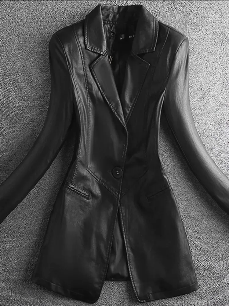 Kadınların ceketleri lautaro bahar zarif siyah ışık yumuşak sahte deri blazer uzun kollu ince fit lüks kadınlar ve moda 231123