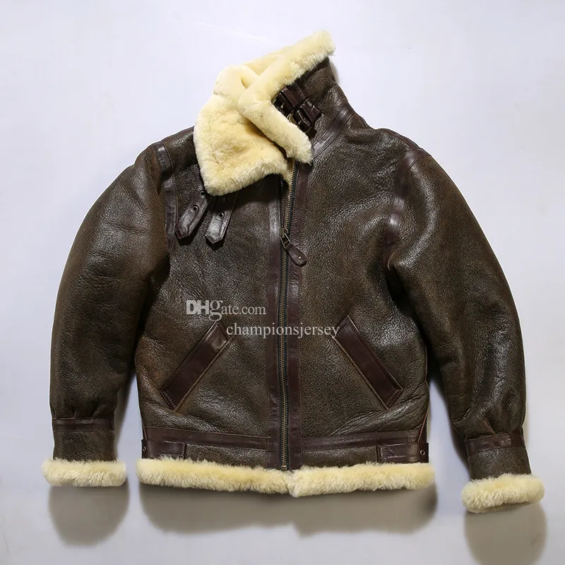 AVFLY sheep leather jacket large lapel Pilot B3 fur in one piece flight suit vintage brown Patton's warm parkas