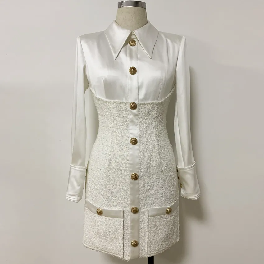 Witte Tweed Shirt Jurk Vrouwen Herfst Winter Bodycon Mini Jurk Vintage Kantoor Knop Lange Mouw Jurk Vestidos 210415