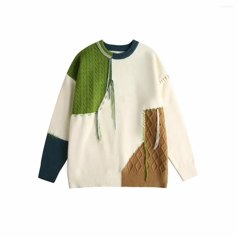 Maglioni da uomo Marchio trendy americano Cucito a mano Patchwork a blocchi di colore Maglione brutto vintage Autunno e inverno Pullover lavorato a maglia Coppia abbigliamento