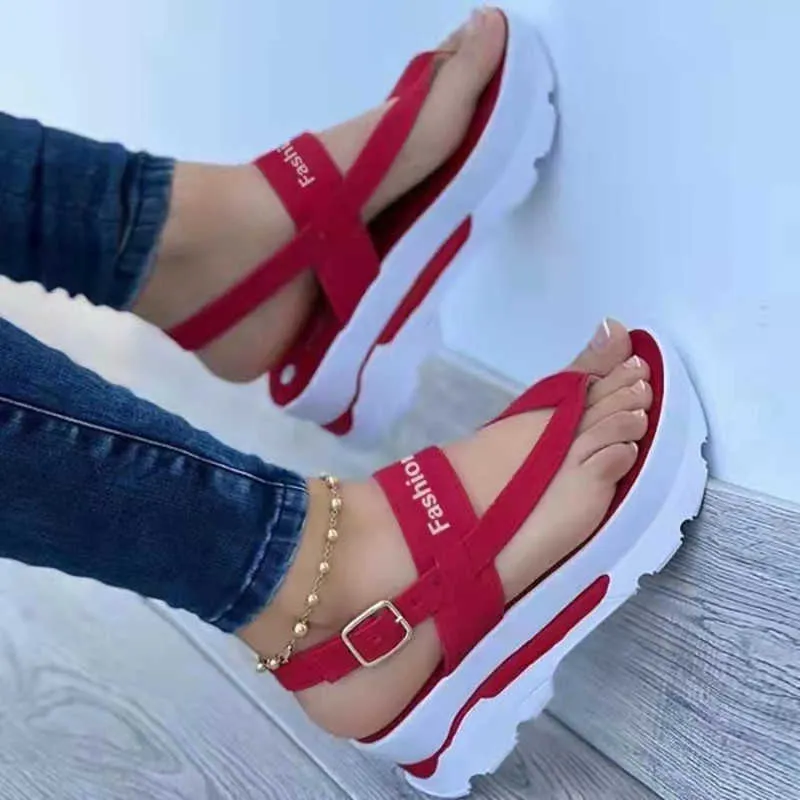Sandales 2022 été épais plate-forme femmes sandales mode boucle sangle femme sandale chaussures couleur unie pince orteil compensé dame tongs AA230422