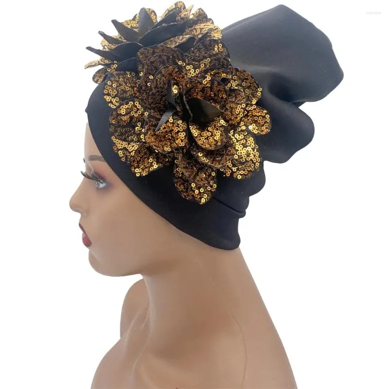 Ethnische Kleidung Übertriebene Pailletten-Blumen-Turban-Kappe für Frauen Nigeria Hochzeit Kopfbedeckung Afrikanische Dame Kopfwickel Bereit Autogele