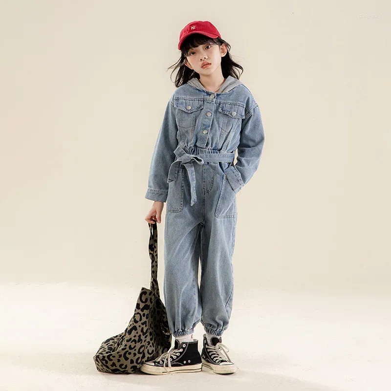 Kleidungssets für Teenager, Mädchen, Jeans-Overalls, Kapuzenpullover, Gürtel, Übergröße, stilvolle Kinder-Jeans-Overalls, 8 10 12 13 14 Jahre