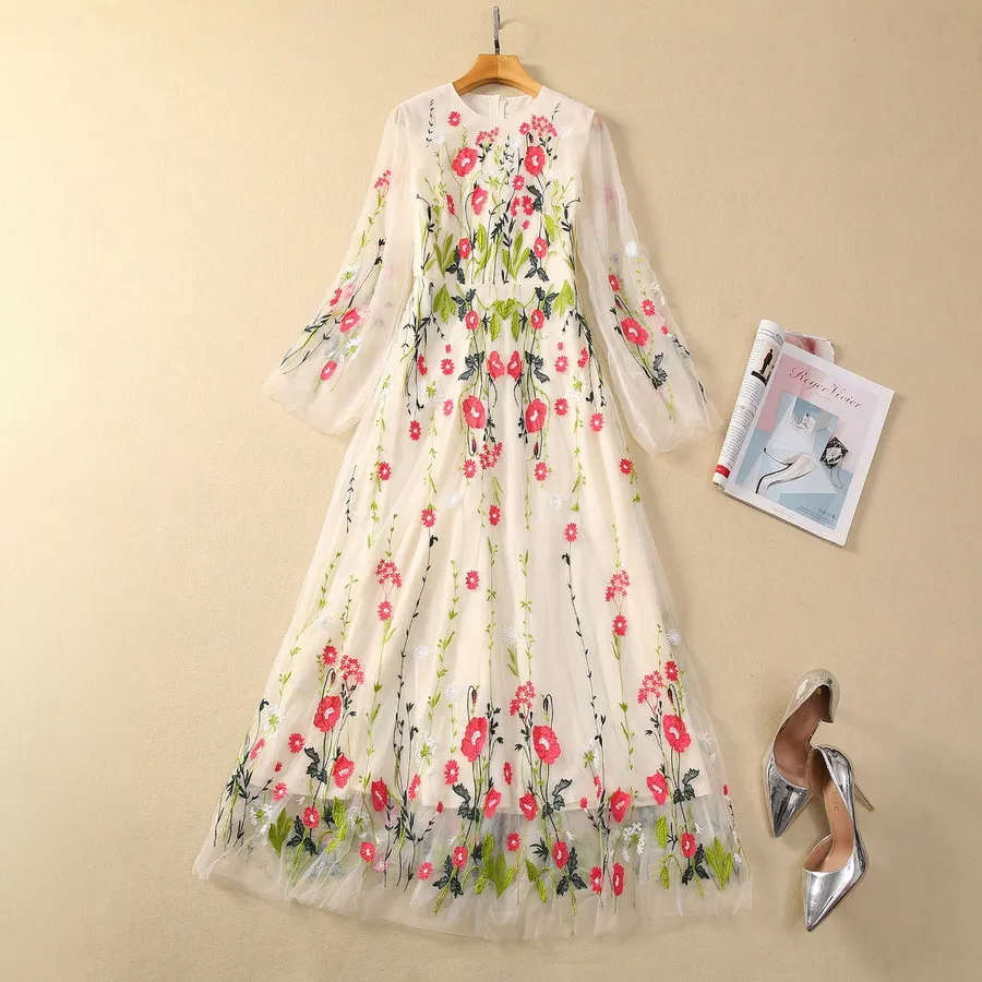 2024 Spring Multicolor Tulle Floral Embroidery Dress Long Sleeve Round Neck Panelled Long Maxi Casual Dresses S3N121102