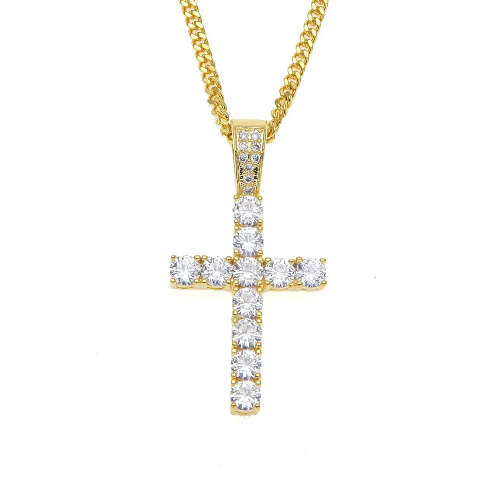 Cross Pendant Necklace For Men Iced Out Gold Silver Color Full Rhinestone Cuban Chains Classic Hip Hop Jewelry