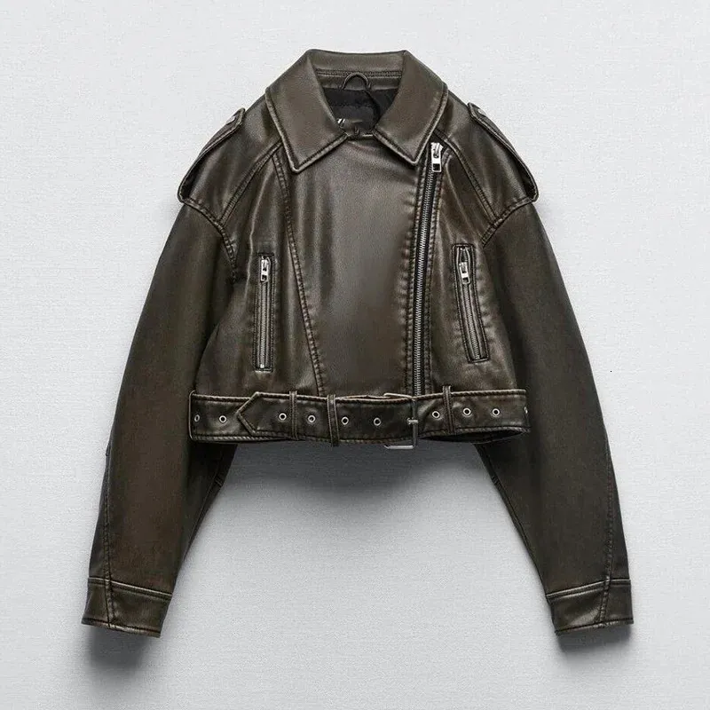 Damesjassen C Vintage korte losse pu kunstleer retro jas met riem streetwear vrouwelijke moto rits bikerjas uitloper tops 231123