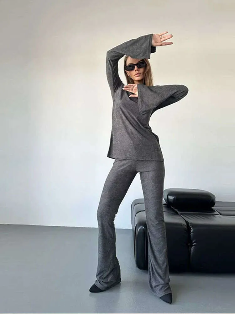 Costume pull et pantalon en tricot pour femme, vêtement de Yoga décontracté, col rond, Slim, évasé, ensemble de pièces, couleur unie, automne