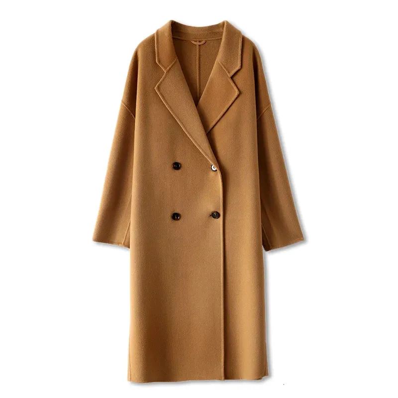 Women's Wool Blend 100 Real Long Overcoat Turndown Collar Pocket Double Layer N Notch Lapel DoubleBreasted Coat 2023 Fall Winter 231122