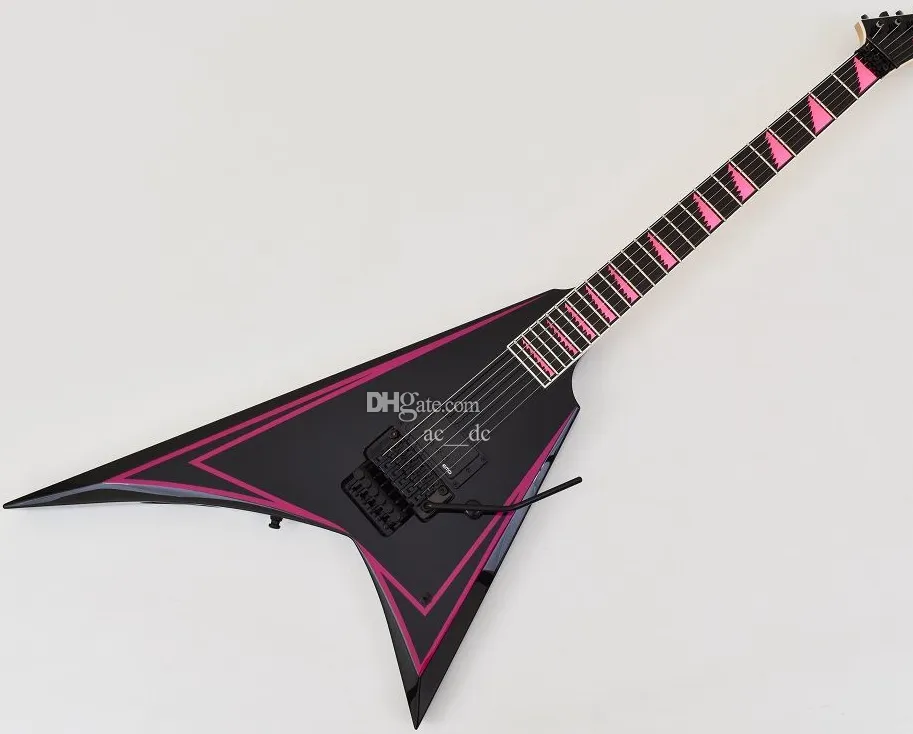 Rare Alexi Laiho Pink Stripe Sawtooth V Guitare électrique noire Floyd Rose Tremolo Bridge Whammy Bar Chine Micro EMG Boîte de batterie 9 V Matériel noir Incrustation rose Sharkfin