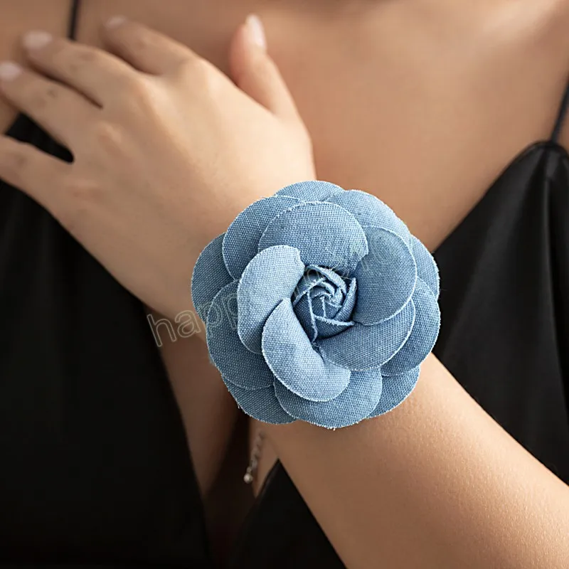 Elegant Blue Denim with Big Flower Bracelet for Women Trendy Making Old Cowboy Hand Chains Fashion Jewelry Accessories Gift