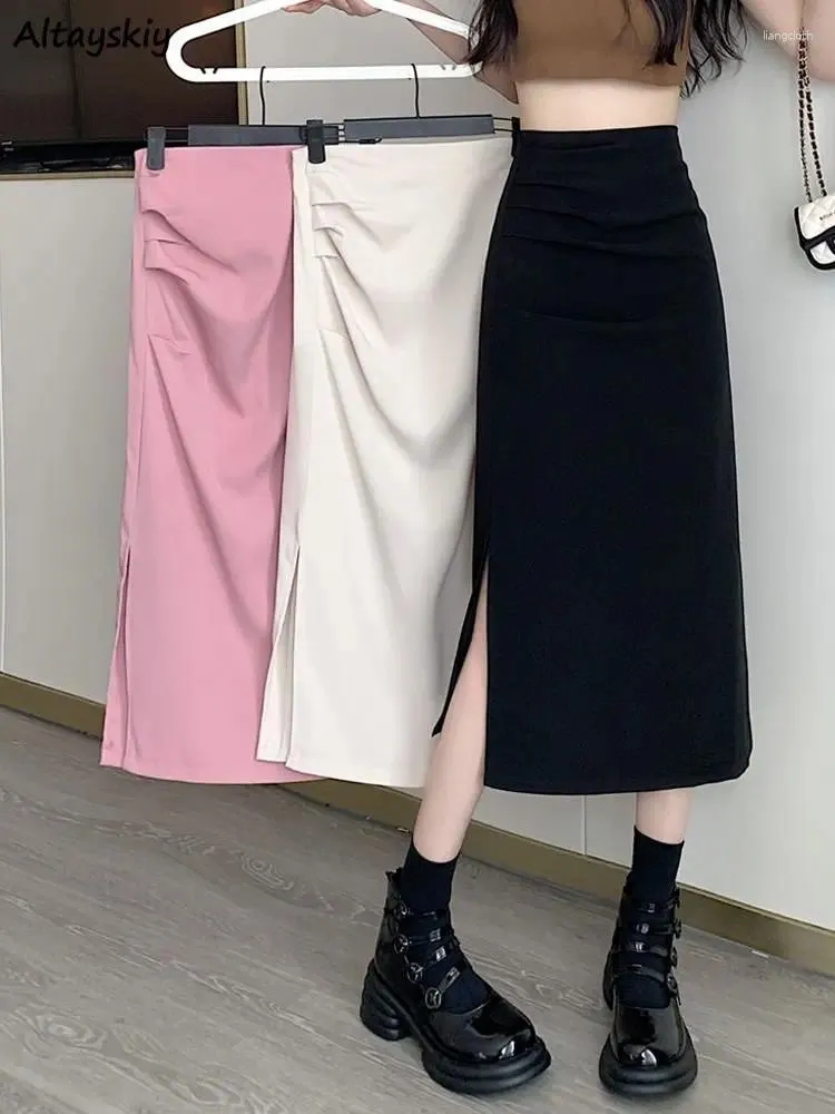 Skirts Midi Women Side Slit French Style Thin Summer Elegant Folds Simple Empire Tender Female Sexy All-match Fashion Ulzzang