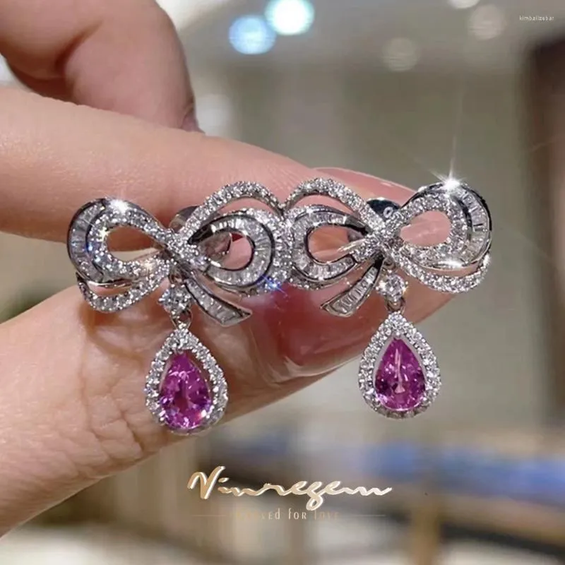 Boucles d'oreilles pendantes Vinregem Pear Cut 5 7 MM Lab créé Sapphire Gemstone Bowknot Drop 925 Sterling Silver Cadeaux d'anniversaire Bijoux fins