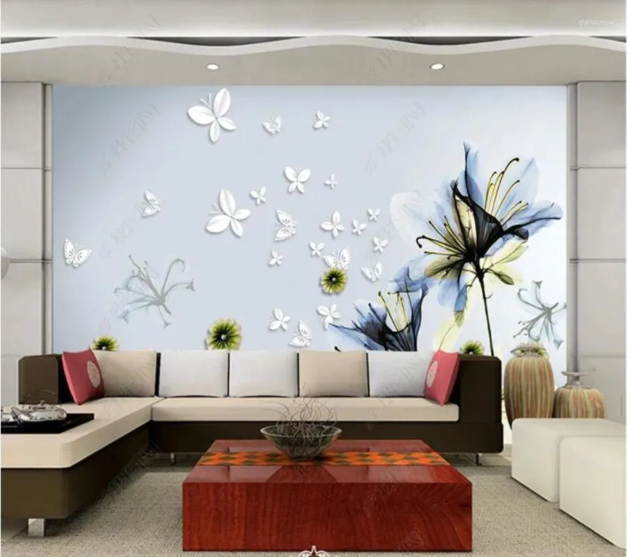 Fonds d'écran Papel De Parede coloré papillon Transparent fleur 3d papier peint salon TV mur chambre papiers décor à la maison barre