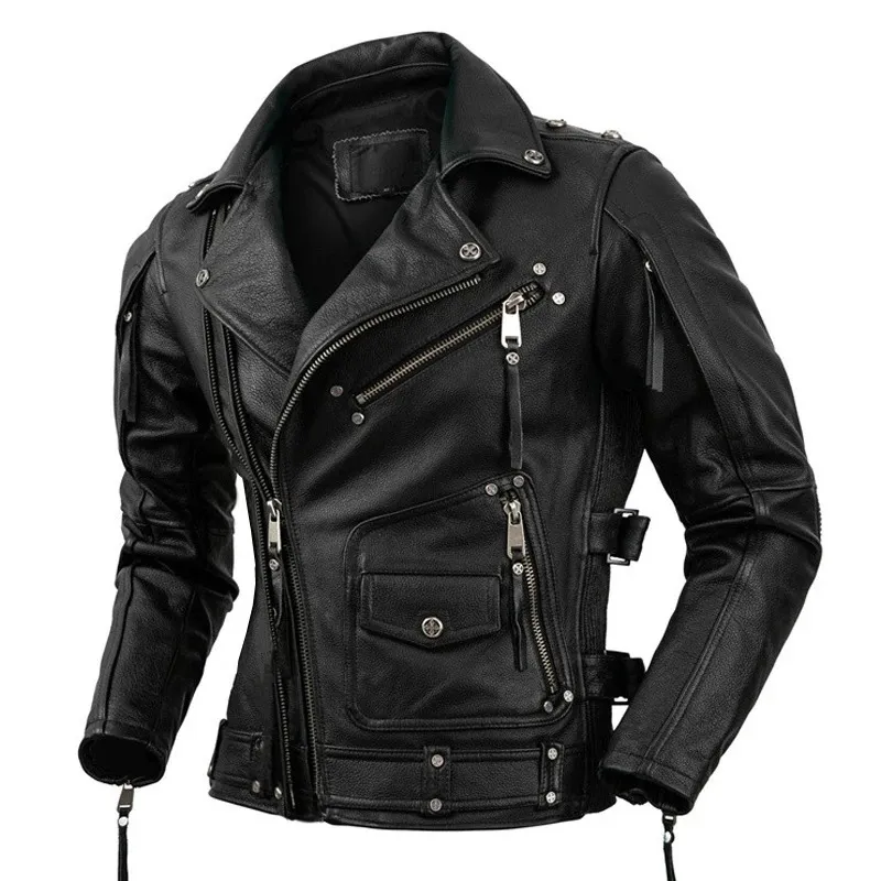 Mens Genuine Leather Motorcycle Jacket - Slim Fit, Stone Milled