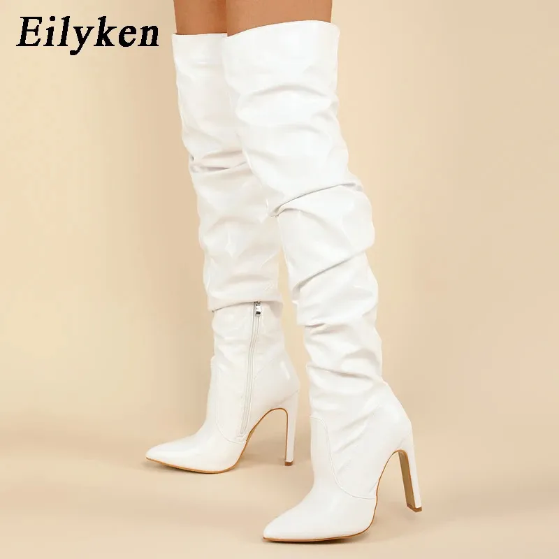 Boots Eilyken Pleated Thigh High Boots Fashion Pointed Toe Zip Female Stiletto Square Heels Design White Black Brown Women's Shoes 231123