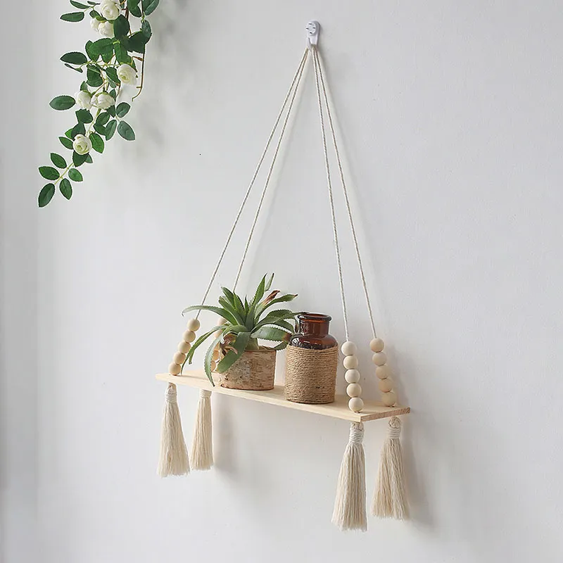 Decorative Objects Figurines 1pcs Shelf Board Nordic Style Wall with Tassel Hanging Wooden Decoration Po Props Shelves On Bedroom Decor 230422