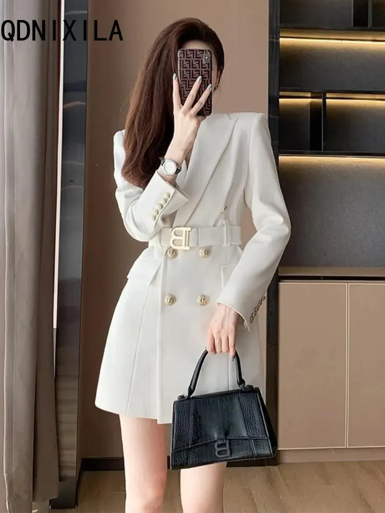 Basic Casual Dresses White Dress Spring High Quality Women Blazer with Belt Double Breasted Buttons Chic for Party Long Sleeve Coats 231123