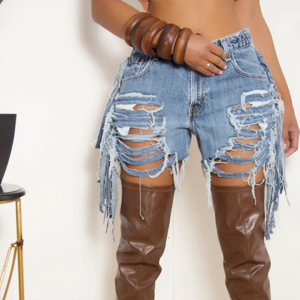 Designer Summer Femmes Glands Jeans Casual Taille Haute Extensible Ripped Mode En détresse Rétro Denim Shorts En Vrac En Gros Vêtements 9773