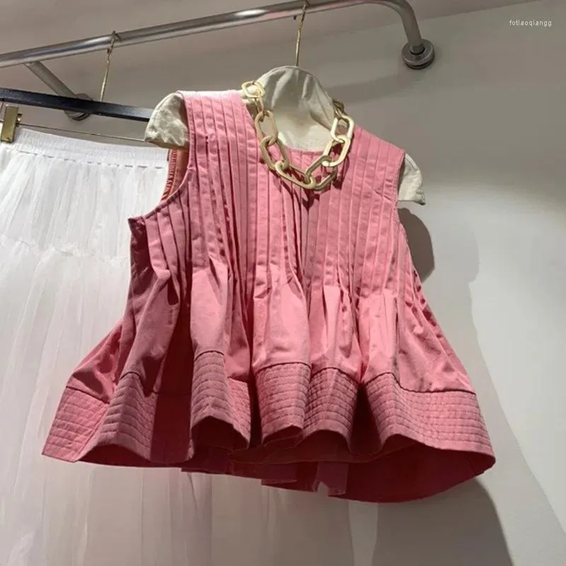 Chemisiers pour femmes chemises et coréen Harajuku décontracté sans manches Y2k mode dames Vintage col rond rose chemise hauts 2023 haut d'été