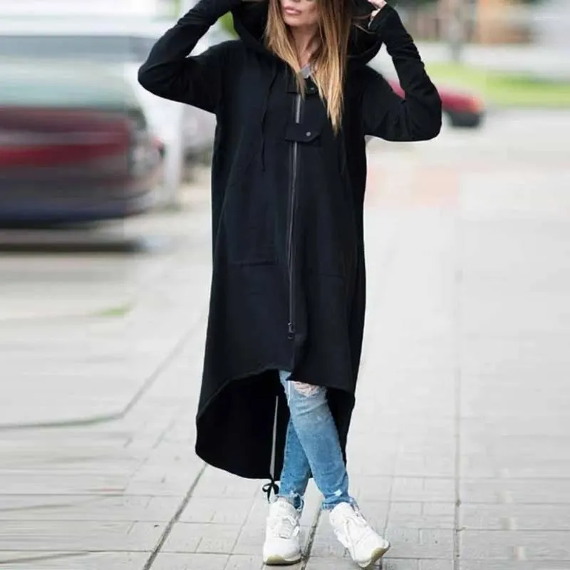 Женские плащи оверсайз, свободные повседневные длинные пиджаки, осень-зима, черные толстовки с застежкой-молнией и шнурком, женская одежда, куртки Y2K