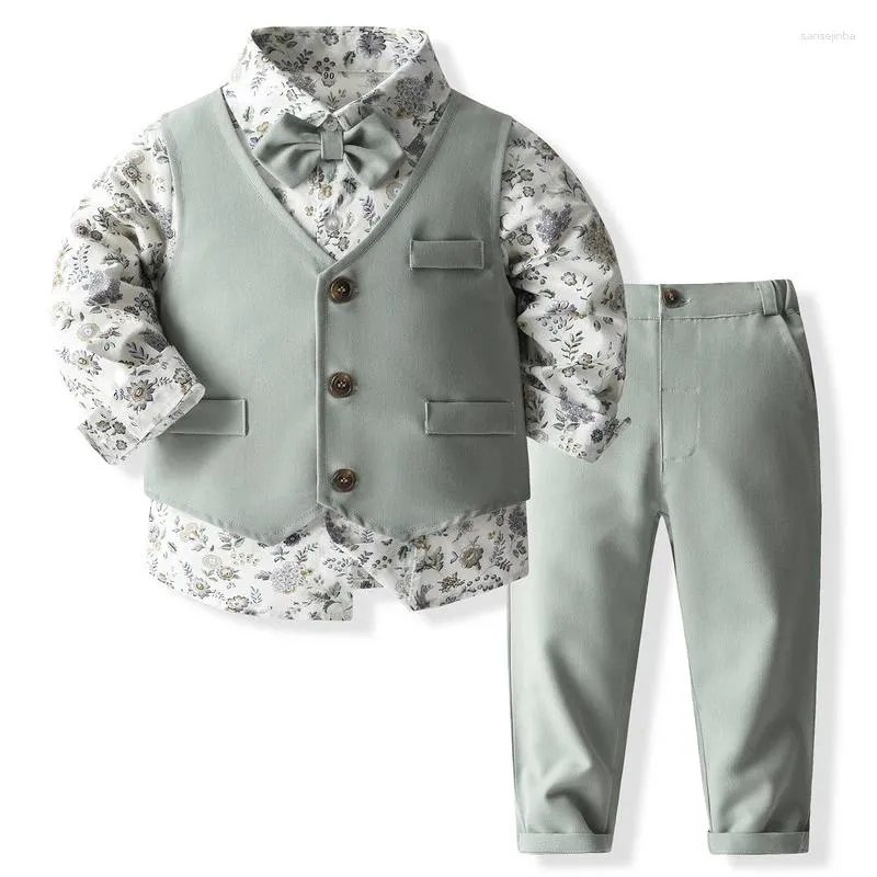 Set di abbigliamento 4 pezzi Primavera Abbigliamento per bambini Ragazzi Moda Gentleman Stampa Cotone Top per bambini Gilet Pantaloni Cravatta Bambini Boutique BC1899-1