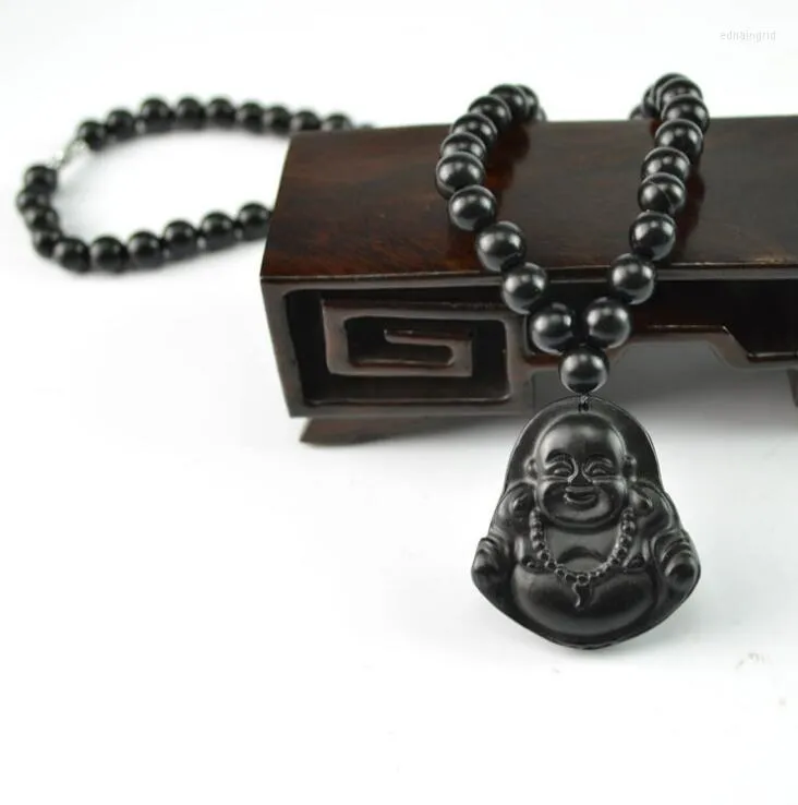 Collane con ciondolo Natural Black Bian Stone scolpito Lucky Laughing Buddha Collana di perline Massaggiatore Bellezza Cura sana