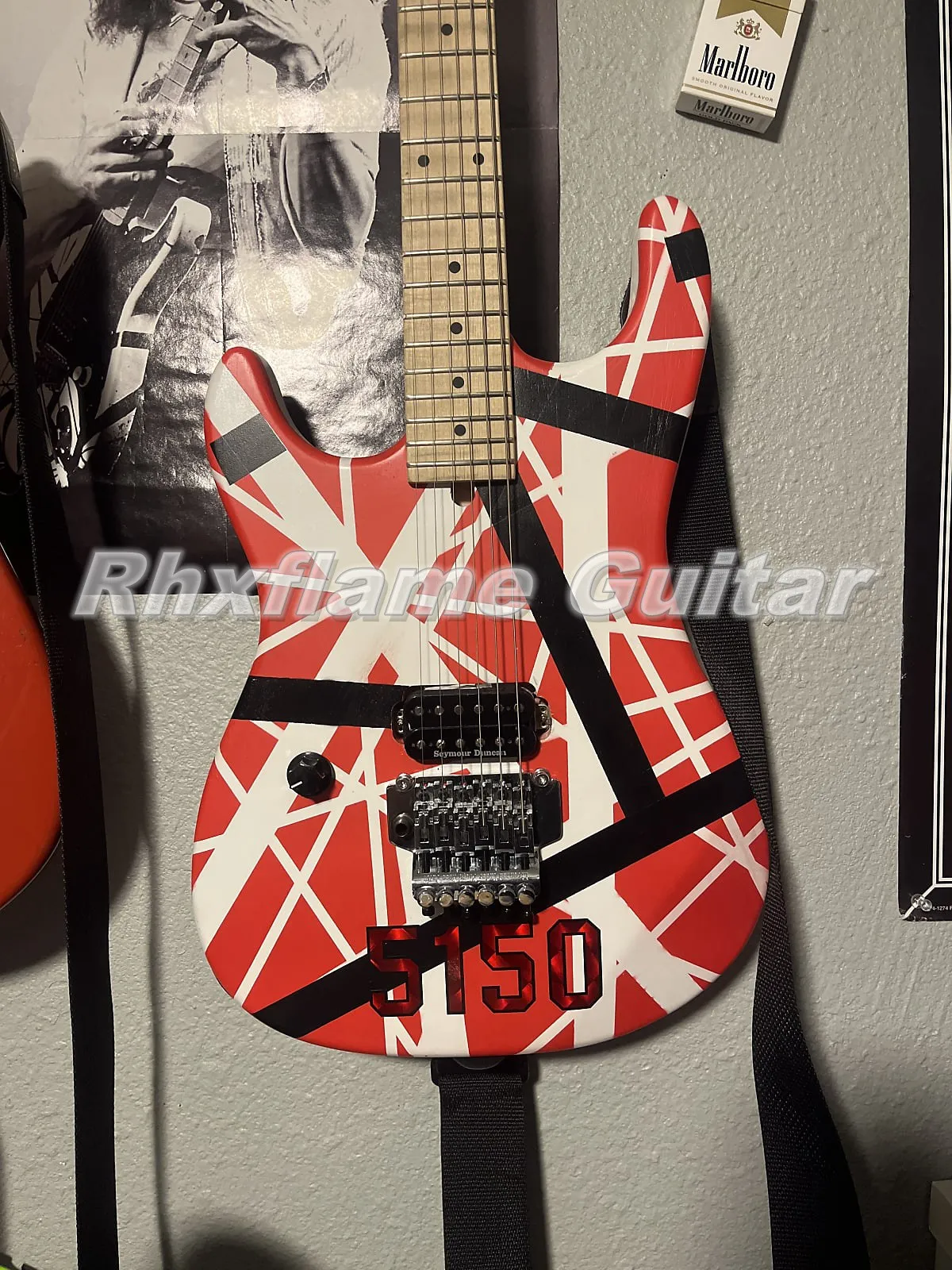 Mão Esquerda 5150 Edward Eddie Van Halen Branco Listras Pretas Vermelho Guitarra Elétrica Floyd Rose Tremolo Ponte Whammy Bar Porca de Travamento Maple Neck Fingerboard Grande Headstock