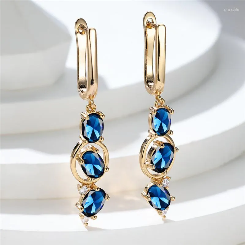 Hoop Earrings Cute Female Blue Zircon Long Vintage Green Oval Stone Trendy Gold Color Wedding For Women