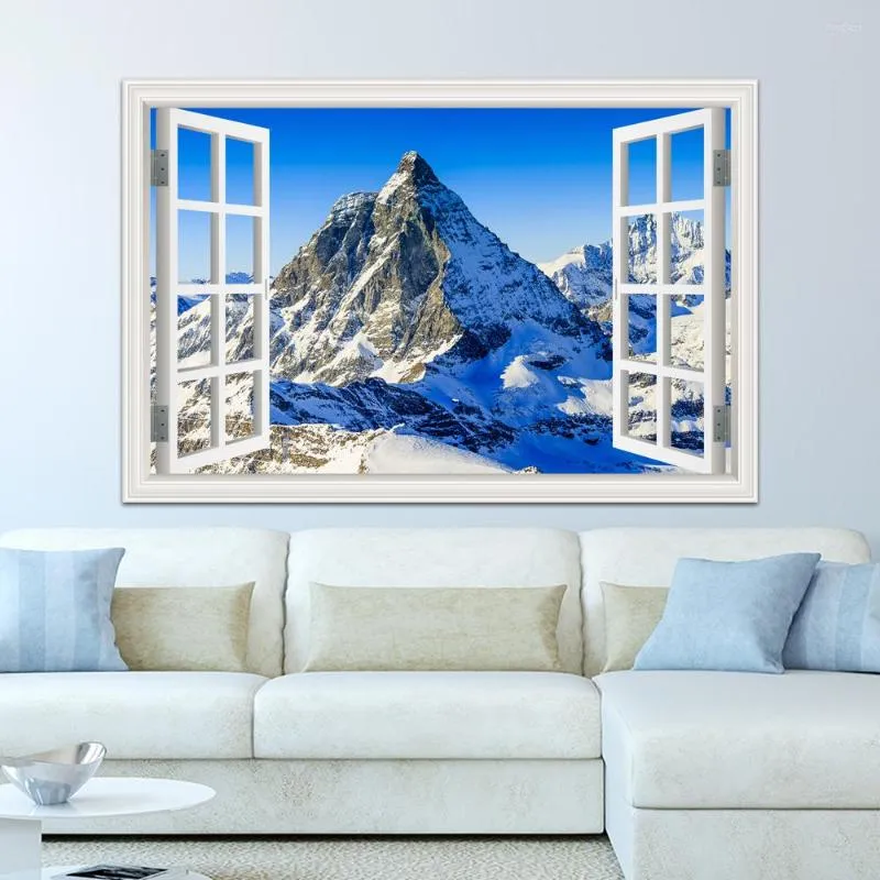 Autocollants muraux décalcomanie Art faux fenêtre papier peint cuisine chambre décor neige montagne lac hiver moderne paysage 3D autocollant