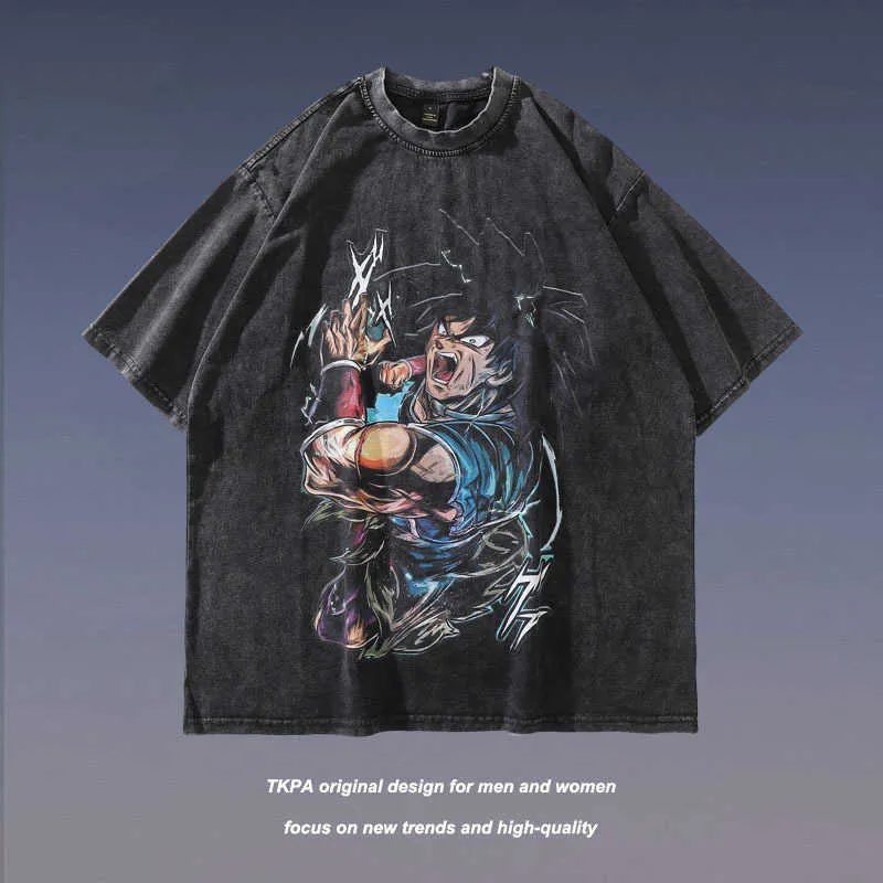 Män och kvinnor t-shirtstkpa high street tvättade anime tryck kort hylsa t-shirt överdimensionerad lös halva ärm t-shirt mäns mode