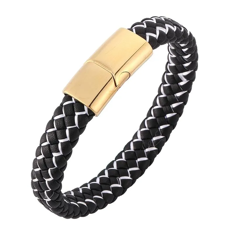 Charm Bracelets Fashion Men Jewelry White Black Braided Leather Mens Bracelet Gold Stainless Steel Magnetic Clasp Punk Woven Wristband SP022