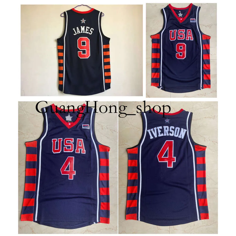 GH 2004 Team USA Lebron James Allen Iverson Basketball Jersey Mitch and Ness Throwback Blue Size S-XXL