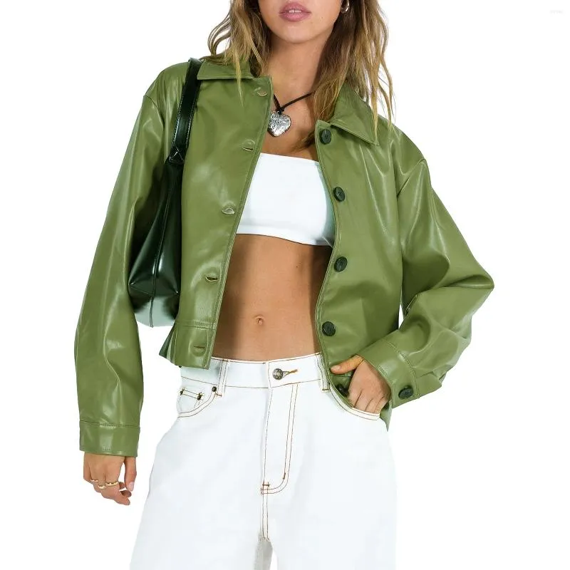 Dames leren dames button down jack mode Y2K cropped effen kleur shacket jas biker moto vintage streetwear