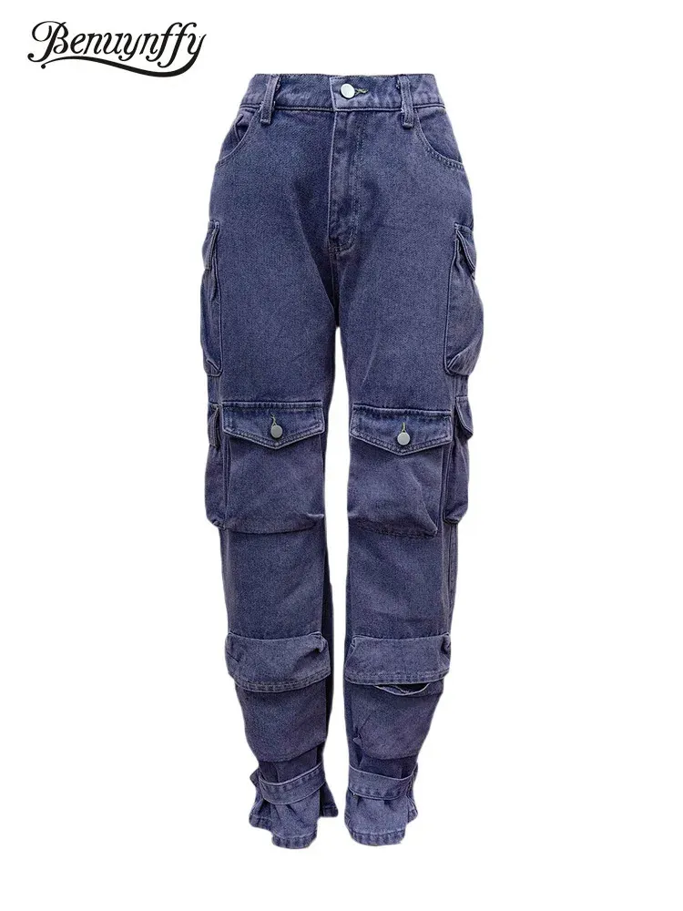 Jeans pour femmes Benuynffy Pantalon cargo lavé multi-poches Y2K Vintage Streetwear Industrie lourde Jambe droite Taille élastique 231122