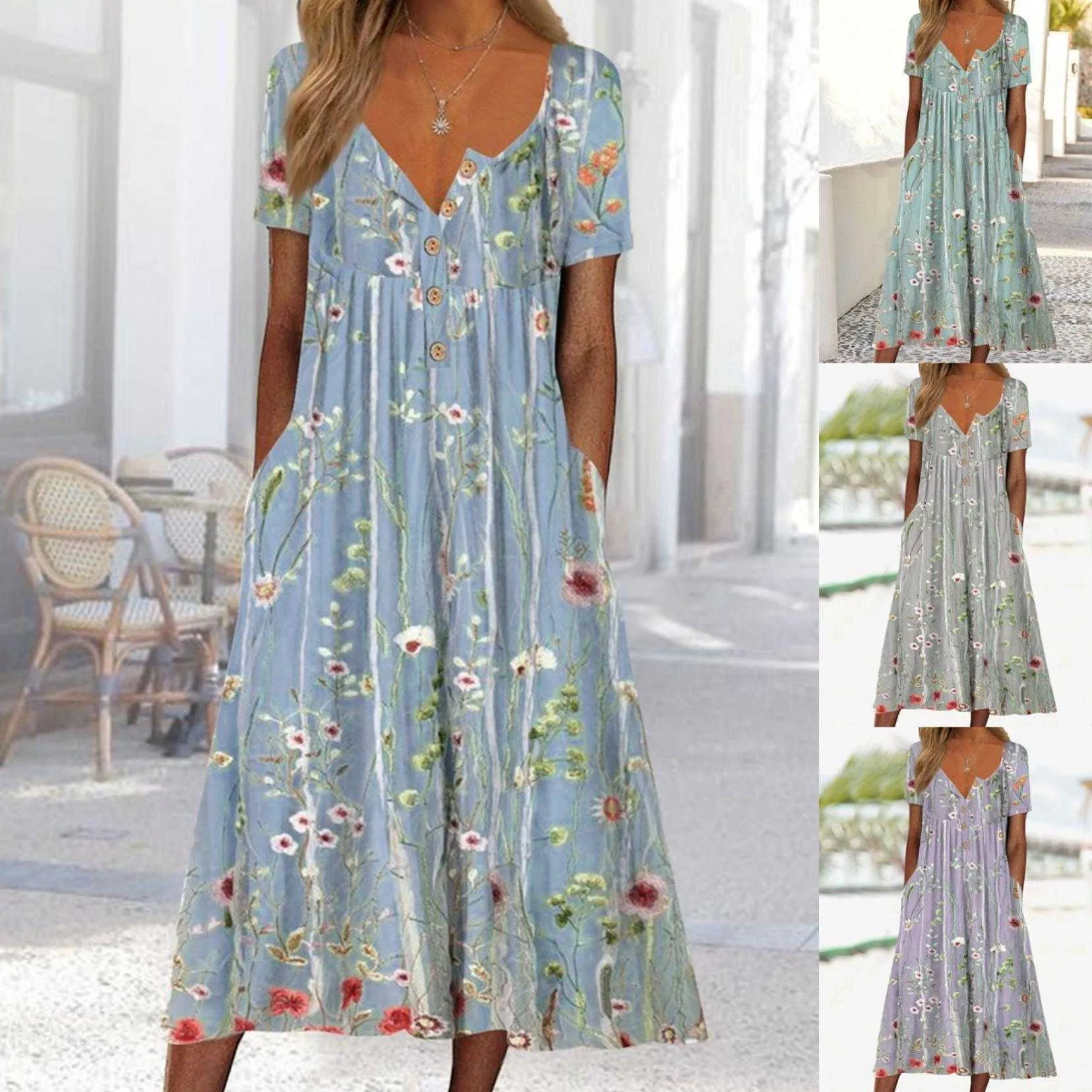 Summer Womens Clothing Dress Casual Floral Button Round Neck Mid Length Straight