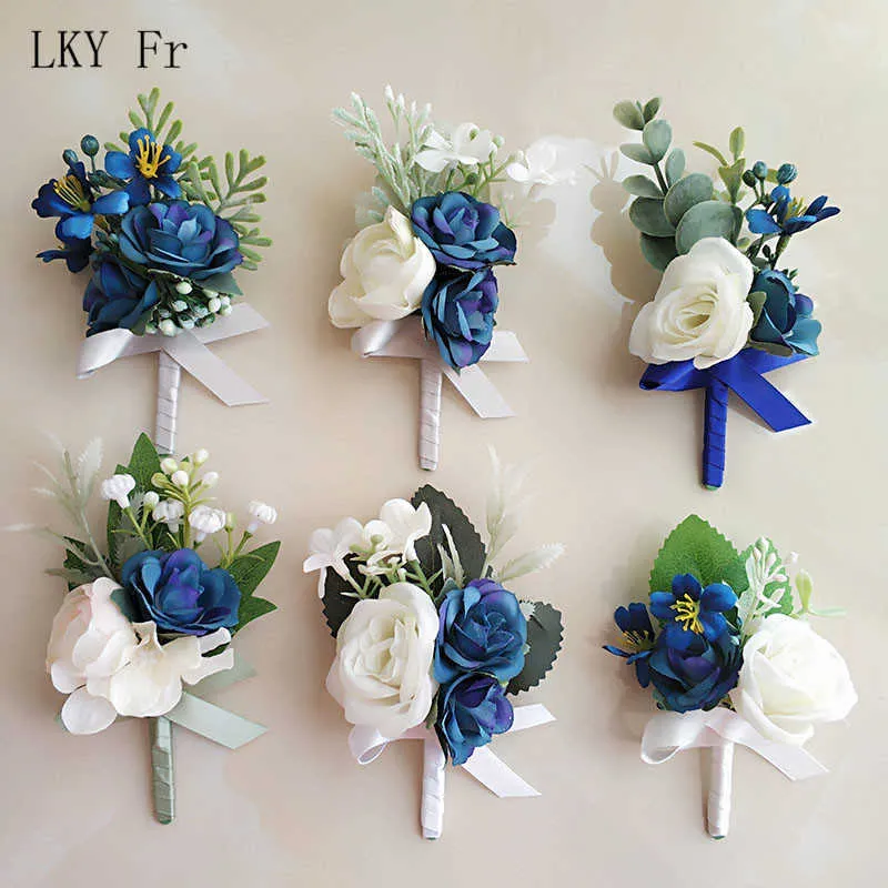 Inne modne akcesoria LKY FR CORSAGE Wedding Boutonnieres Błękitne Róże jedwabna bransoletka Kwiaty Groom Człowiek Guzik Pinki broszka