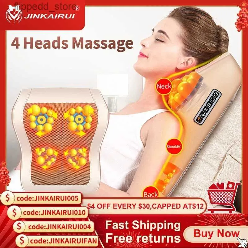 Massera nackkudde Jinkairui 4 Heads Electric Neck Back Lumbal Cervical Massage Pillow vibrerande Shiatsu med infraröd uppvärmd bil Hem dubbel användning Q231123