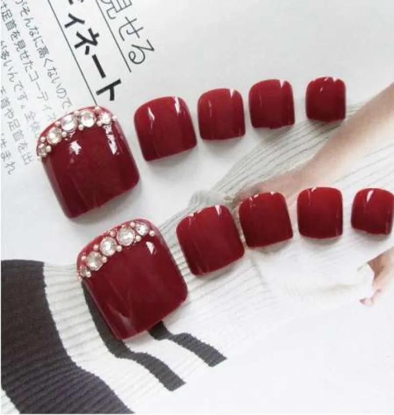 24pcsSet Pretty Summer Toes False Nails Rhinestone Predesign Full Cover Red Foot Artificial Fake Nails with Glue Nail Beauty7208936