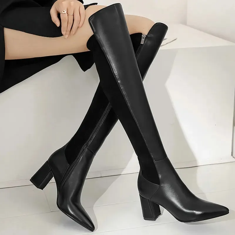 Botas Vintage para mujer, botas por encima de la rodilla, Otoño Invierno, fiesta de trabajo, zapatos clásicos básicos de cuero de vaca para mujer 231122