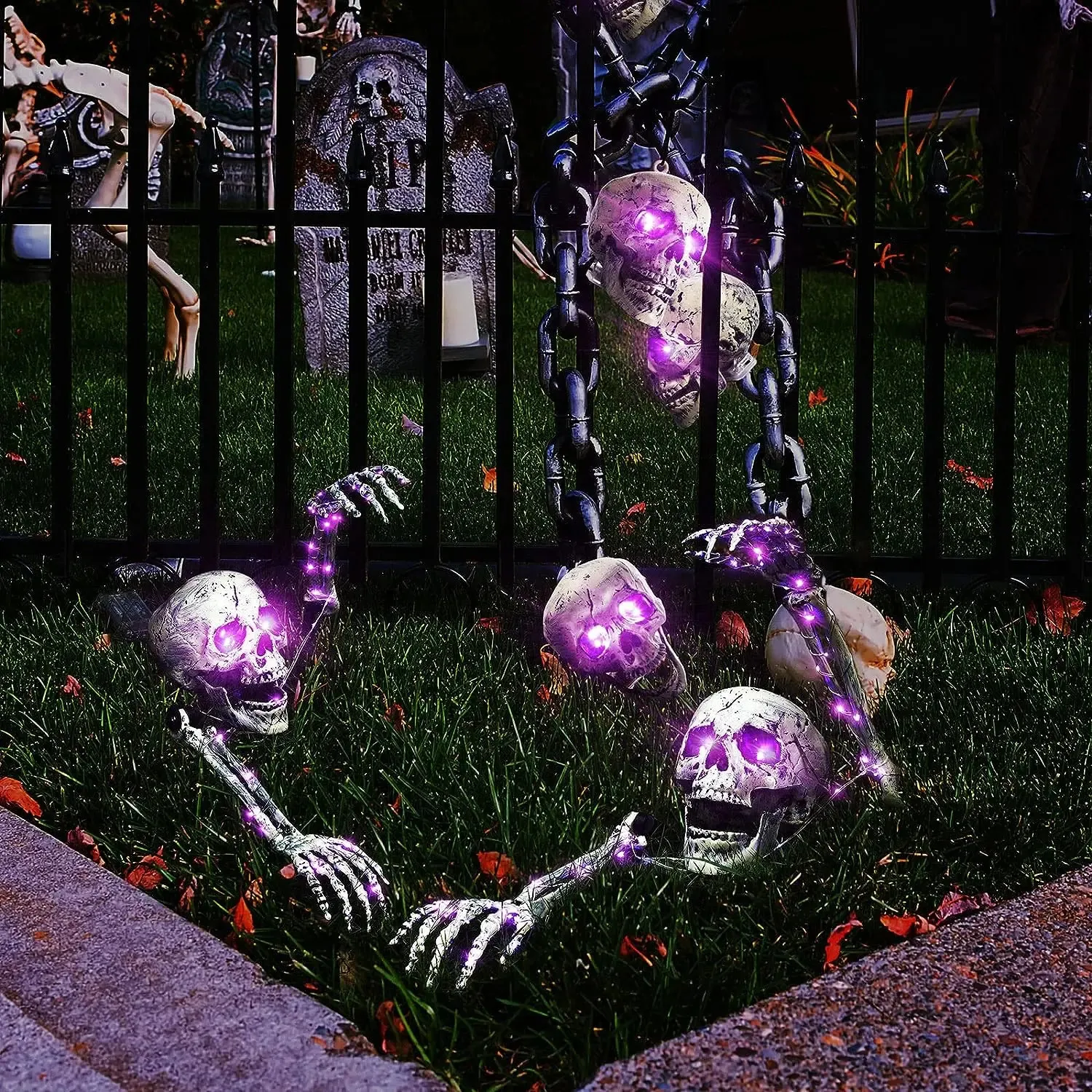 Halloween-Skelett-Set Mit Leuchtendem Totenkopf & 2 Händen – LED-Lichter, Gruselig Realistisch Für Garten-Deko