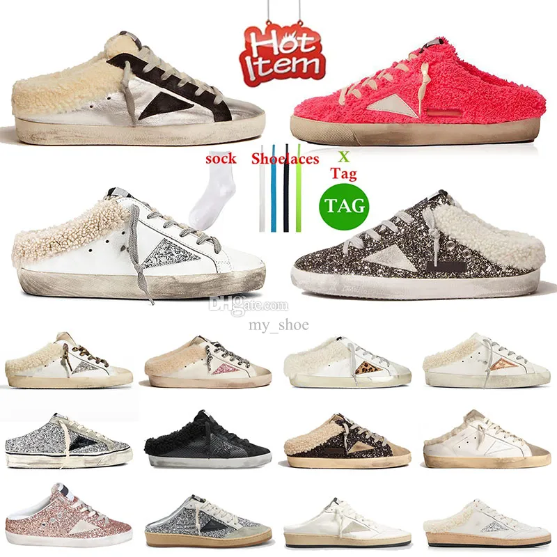 Original Women GoldenStar Sabots tofflor Designerskor läderrum glider män pantoufle plattform super stjärnor smutsiga gamla gyllene sneakers kvinnor loafers tränare