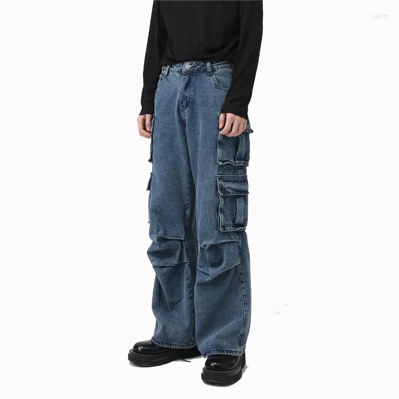 Jeans da uomo Moda uomo Hip Hop Cargo con multi tasche Pantaloni larghi stile Y2K in denim Pantaloni da cowboy lavati blu